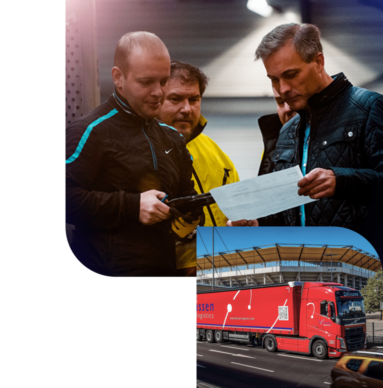 Mitarbeitende im Lager scannen Transport ein. Dilissen LKW fährt am Tivoli Aachen vorbei.